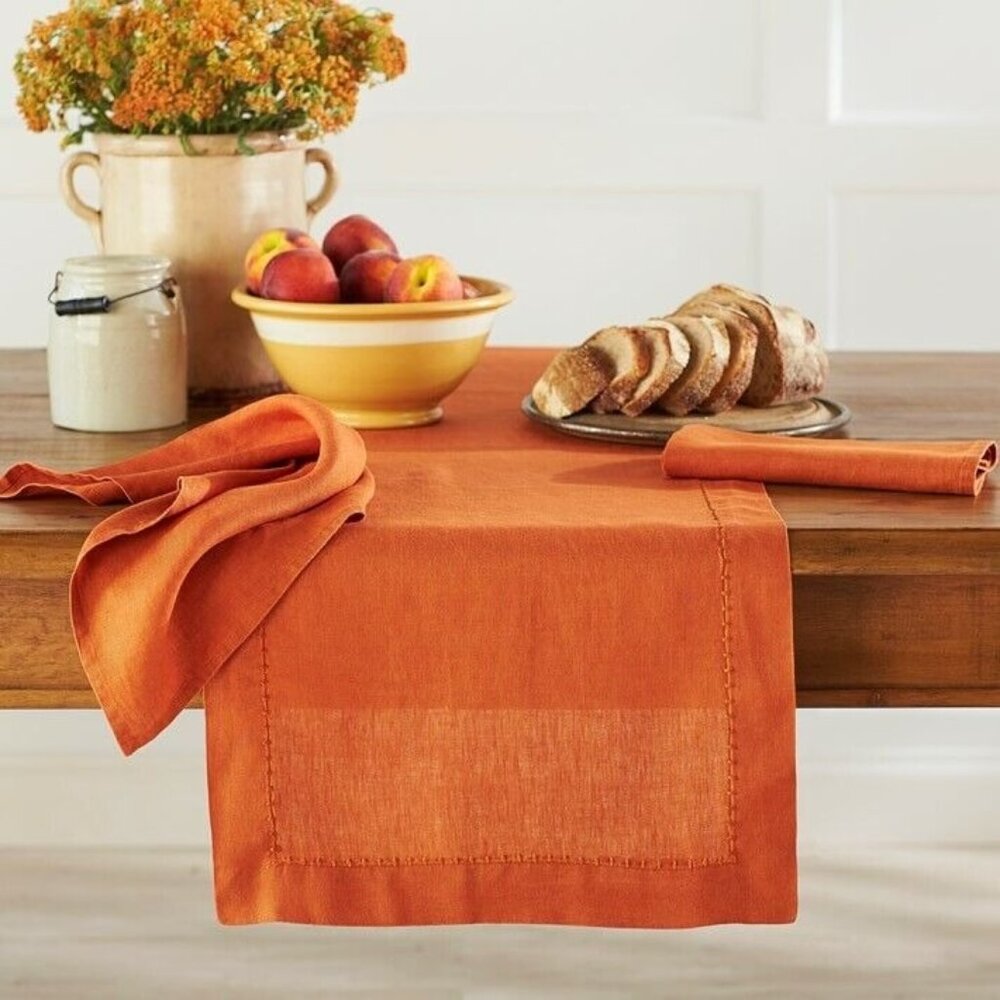 Williams Sonoma Italian Washed Linen Table Runner 18x108 Pumpkin Burnt Orange